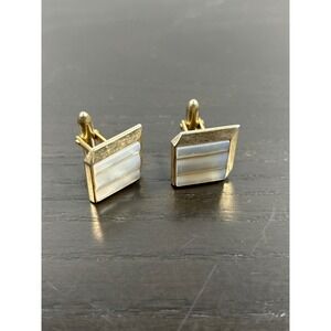 Vintage Swank Gold Tone Mother Pearl Tiered Square Cufflinks Mid Century Modern
